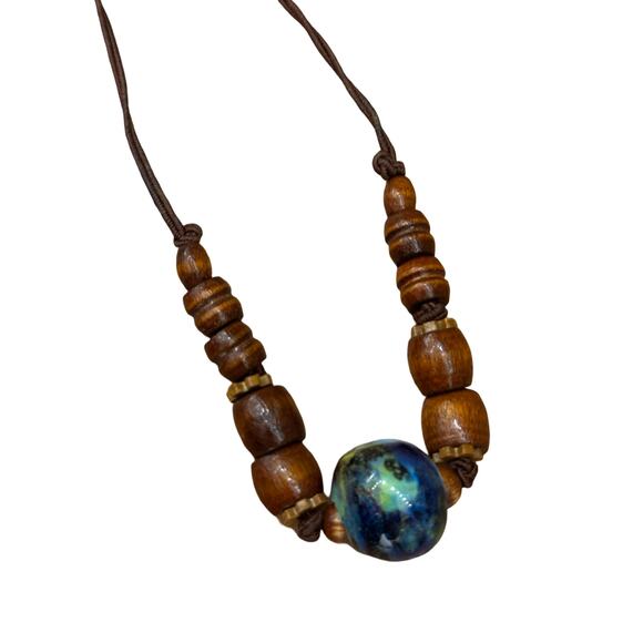 Hand Painted Wooden Bead Necklace 90s Y2K Era - Picture 1 of 6